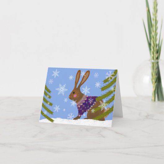 Cute Winter Wonderland Bunny Holiday Greeting Card サンキューカード (正面)