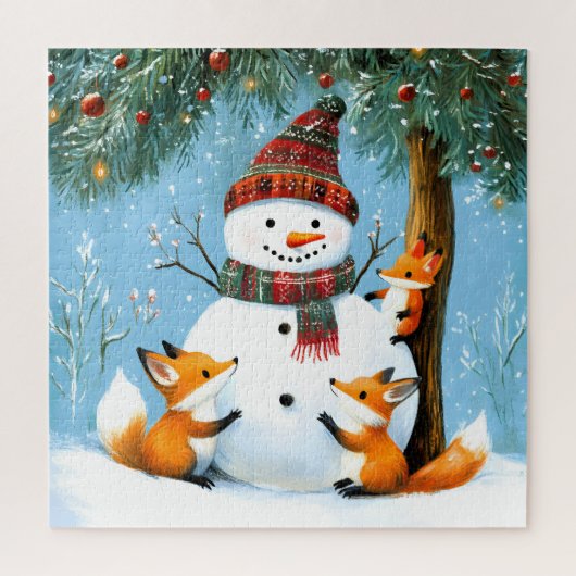 Cute Winter Woodland Snowman Foxes ジグソーパズル (縦)