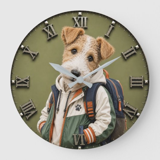 Cute Wire Fox Terrier Puppy ラージ壁時計 (正面)