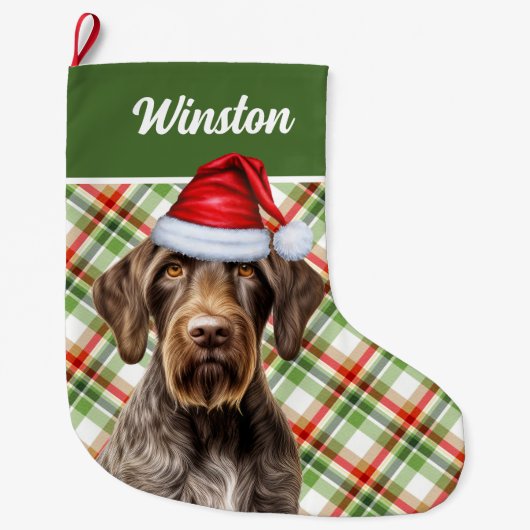 Cute Wirehaired Pointer Dog Red Green Plaid Custom ラージクリスマスストッキング (正面)