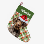 Cute Wirehaired Pointer Dog Red Green Plaid Custom ラージクリスマスストッキング (正面 (吊り時))