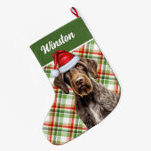 Cute Wirehaired Pointer Dog Red Green Plaid Custom ラージクリスマスストッキング (裏面 (吊り時))