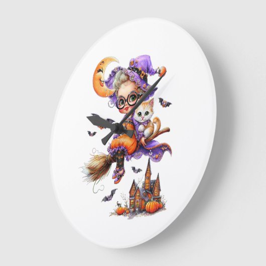 Cute Witch and Kitten on a Broom ラージ壁時計 (傾斜)
