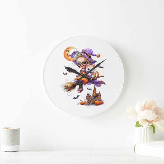 Cute Witch and Kitten on a Broom ラージ壁時計 (ホーム)