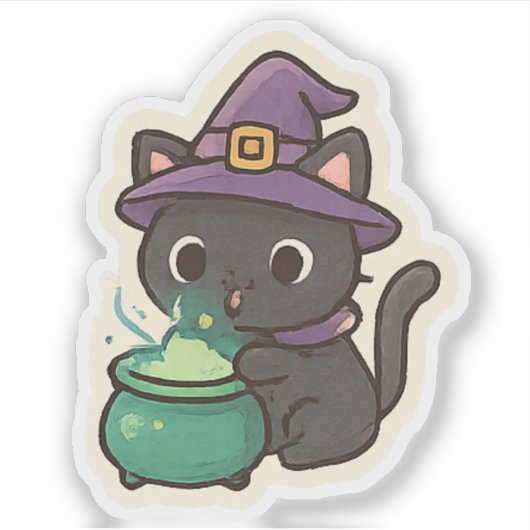 Cute Witch Cat Brewing Potion – Kawaii Halloween シール (正面)