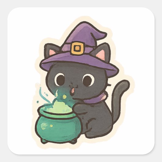 Cute Witch Cat Brewing Potion – Kawaii Halloween スクエアシール (正面)