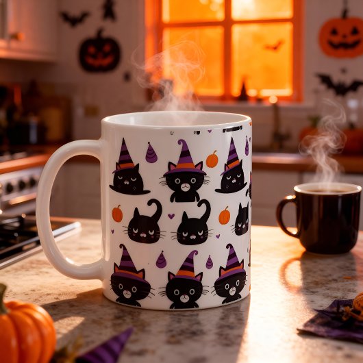 Cute Witch Cat & Hat Pattern Halloween Spooky Cat コーヒーマグカップ