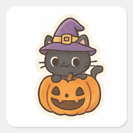 Cute Witch Cat in PumpkinKawaii Halloween スクエアシール (正面)