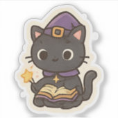 Cute Witch Cat Reading a Book – Kawaii Halloween シール (正面)