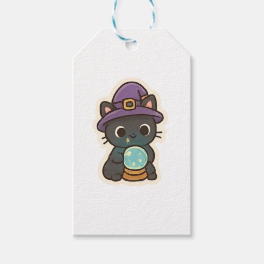 Cute Witch Cat with Crystal Ball Kawaii ギフトタグ (正面)