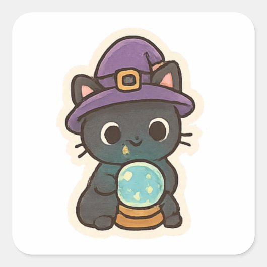 Cute Witch Cat with Crystal Ball Kawaii スクエアシール (正面)