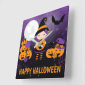 Cute Witch Girl and Pumpkins Happy Halloween スクエア壁時計 (傾斜)