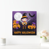 Cute Witch Girl and Pumpkins Happy Halloween スクエア壁時計 (ホーム)