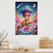 Cute Witch Girl Flying on Broom | Kawaii Fantasy  ポスター (キッチン)