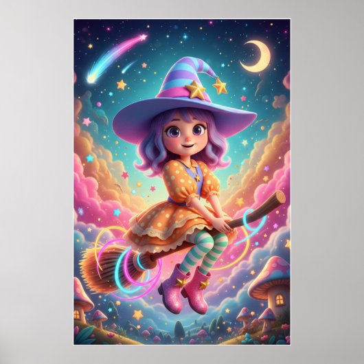Cute Witch Girl Flying on Broom | Kawaii Fantasy  ポスター (正面)