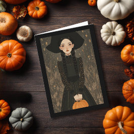 Cute Witch Girl Hat & Pumpkin Kids Halloween カード