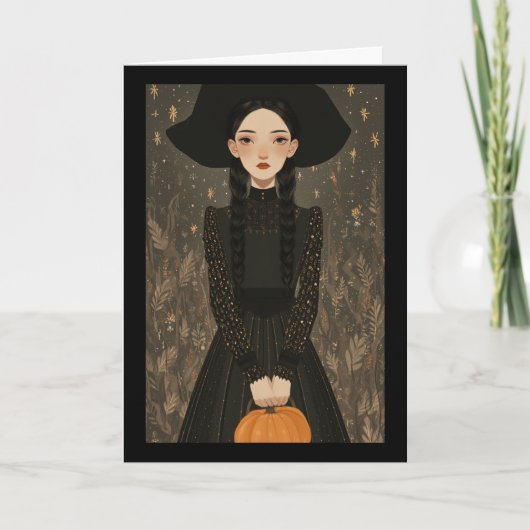 Cute Witch Girl Hat & Pumpkin Kids Halloween カード (正面)
