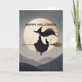 Cute Witch Girl her Broom & Cat Kids Halloween カード (正面)