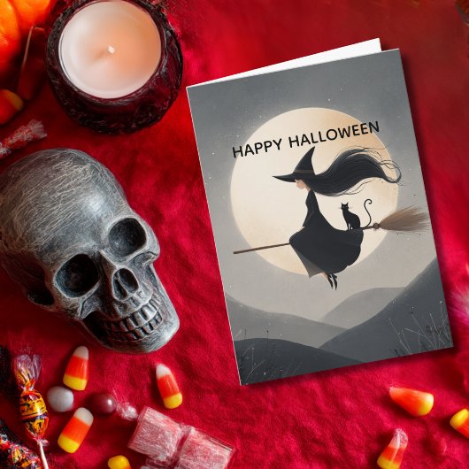 Cute Witch Girl her Broom & Cat Kids Halloween カード