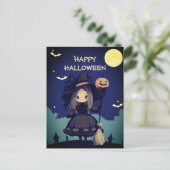 Cute Witch Girl her Broom & Pumpkin Kids Halloween ポストカード (スタンド正面)
