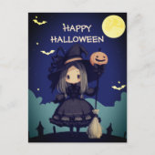 Cute Witch Girl her Broom & Pumpkin Kids Halloween ポストカード (正面)
