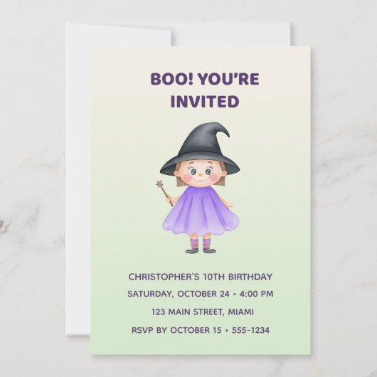 Cute Witch Halloween Birthday Invitation | Kids 招待状 (正面)