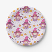 Cute Witch Halloween Pattern with Pumpkins and Bat ペーパープレート (正面)