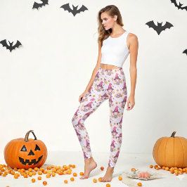 Cute Witch Halloween Pattern with Pumpkins Bats レギンス