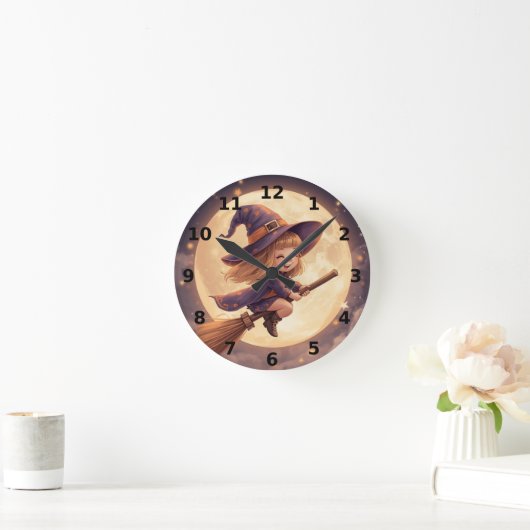 Cute Witch Halloween Wall Clock – Spooky Decor ラウンド壁時計 (ホーム)