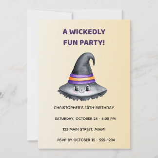 Cute Witch Hat Halloween Birthday Invitation Kids 招待状