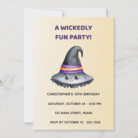 Cute Witch Hat Halloween Birthday Invitation Kids 招待状 (正面)