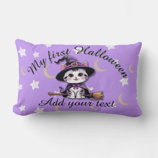Cute Witch Kitten – Pastel Halloween Lumbar Pillow ランバークッション