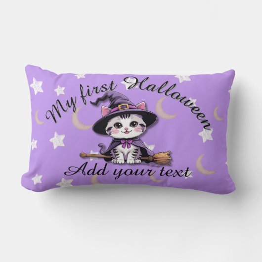 Cute Witch Kitten – Pastel Halloween Lumbar Pillow ランバークッション (正面)