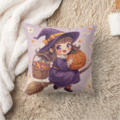 Cute Witch with Pumpkin Halloween Pillow クッション (ブランケット)
