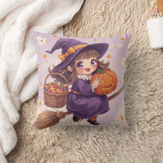 Cute Witch with Pumpkin Halloween Pillow クッション (ブランケット)