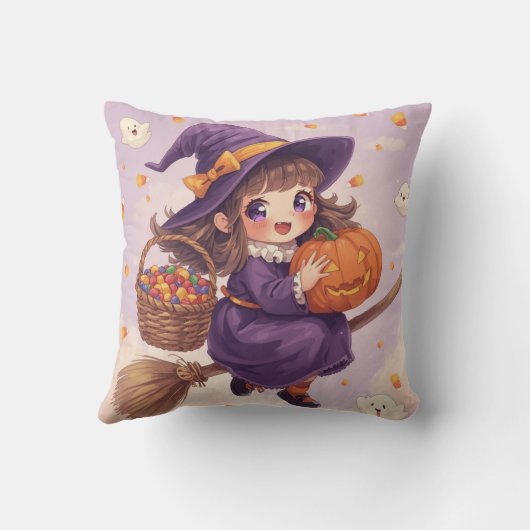 Cute Witch with Pumpkin Halloween Pillow クッション (裏面)