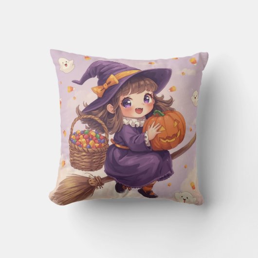 Cute Witch with Pumpkin Halloween Pillow クッション (正面)