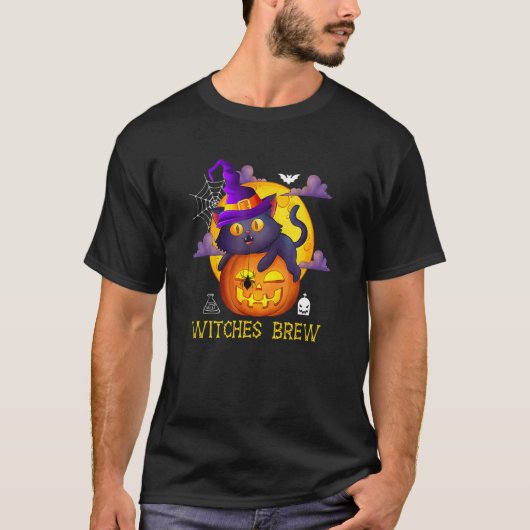 Cute Witches Brew Black Cat And Pumpkin Halloween  Tシャツ (正面)