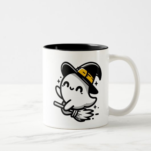 Cute Witchy Ghost on Broom Halloween Mug | Two-Sid ツートーンマグカップ (右)