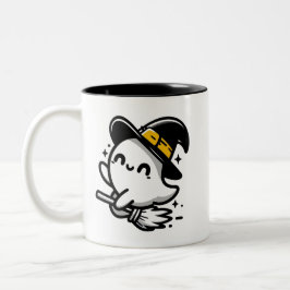 Cute Witchy Ghost on Broom Halloween Mug | Two-Sid ツートーンマグカップ