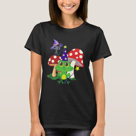 Cute Wizard Frog and Witch Black Cat Mushrooms Hal Tシャツ (正面)