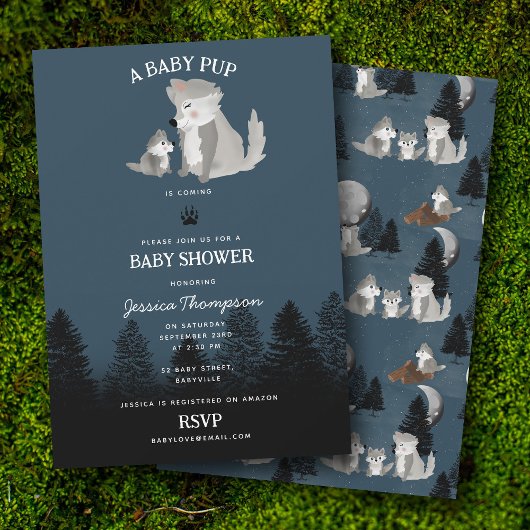 Cute Wolf Baby Pup and Mom Woodland Baby Shower 招待状