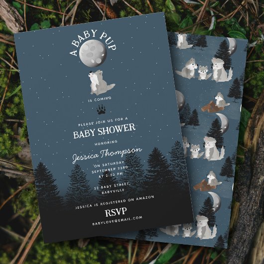 Cute Wolf Baby Pup and Mom Woodland Baby Shower 招待状