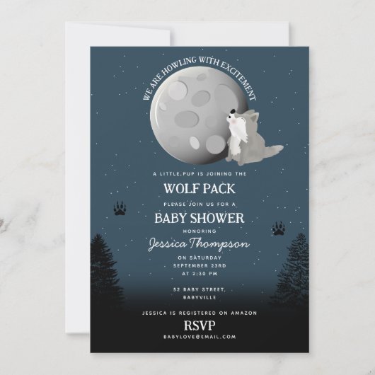 Cute Wolf Pack Woodland Moon Howling Baby Shower 招待状 (正面)