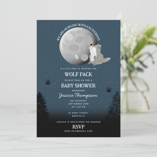 Cute Wolf Pack Woodland Moon Howling Baby Shower 招待状 (スタンド正面)