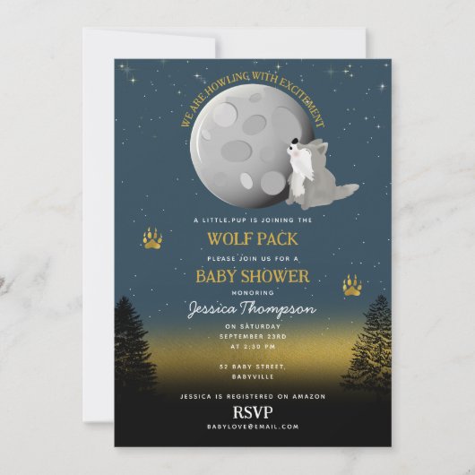 Cute Wolf Pack Woodland Moon Howling Baby Shower 招待状 (正面)