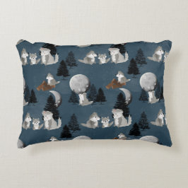 Cute Wolf Pack Woodland Night Baby Nursery アクセントクッション