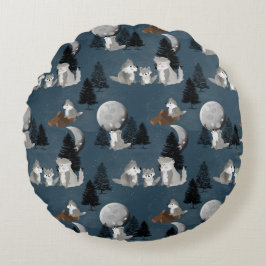 Cute Wolf Pack Woodland Night Kids Bedroom ラウンドクッション
