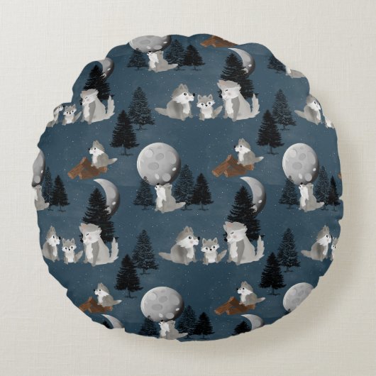 Cute Wolf Pack Woodland Night Kids Bedroom ラウンドクッション (正面)