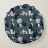 Cute Wolf Pack Woodland Night Kids Bedroom ラウンドクッション (裏面)